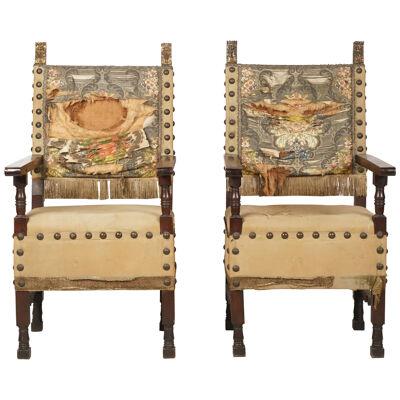 PAIR OF MID 19TH C WALNUT SPANISH COLONIAL REVIVAL HALL / THRONE ARMCHAIRS