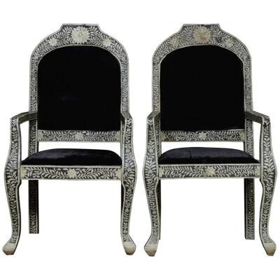 AF2-149: PAIR OF LATE 19TH CENTURY INDIAN BONE INLAID ARM CHAIRS