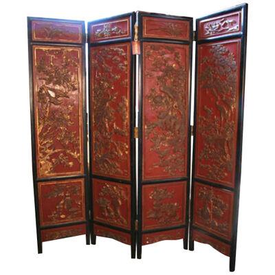 AF7-155: Late 19th Century Cinnabar and Black Lacquer Chinese Four Panel Screen