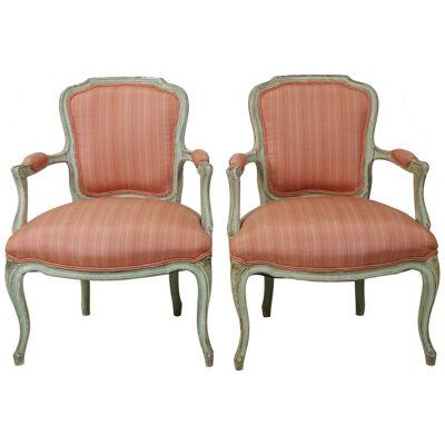 AF2-019: PAIR OF LATE 19TH CENTURY PAINTED LOUIS XV STYLE FAUTEUILS