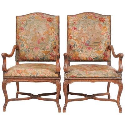 AF2-003: PAIR OF LATE 19TH C FRENCH LOUIS XV STYLE CARVED FRUITWOOD FAUTEUILS