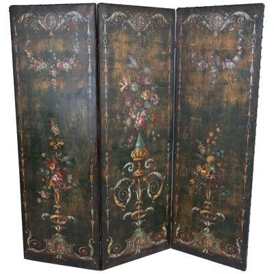 ANTIQUE EARLY 20TH CENTURY FRENCH 3 PANEL POLYCHROME DECORATED LEATHER SCREEN