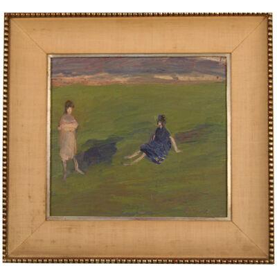 AW116 - John Thomas - "Figures in Green Field" - Oil on Canvas