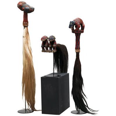 Set of three horsetail decorative flywhisks from the Cameroon Grasslands 