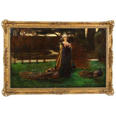 Magnificent Quality Oil Painting "Lady with Three Peacocks In The Garden"