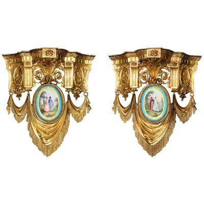 Pair of French Ormolu Bronze and Sevres Porcelain Wall Brackets Appliques
