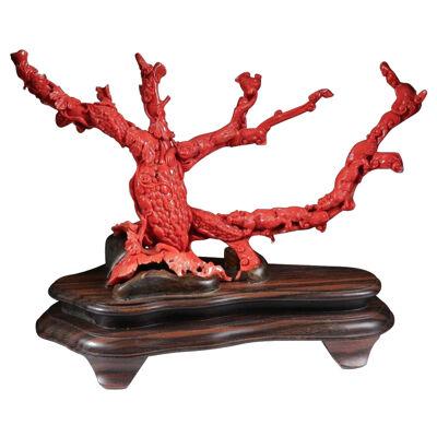 Exceptional Chinese Carved Coral Tree Branch with Monkeys and Squirrels, Qing