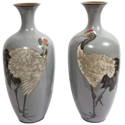Large Pair of Japanese Meiji Period Cloisonne Enamel Vases with Cranes