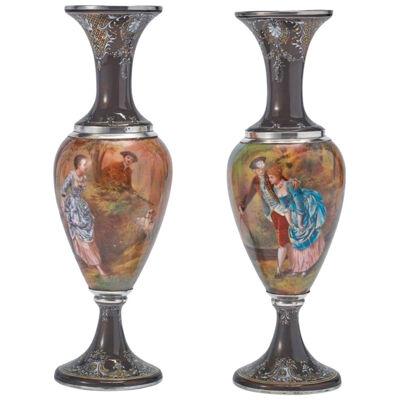 Pair of French Silver & Limoges Enamel Vases, Retailed by Tiffany & Co.