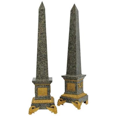 Monumental Pair of Italian Grand Tour Ormolu-Mounted Green Granite Obelisks