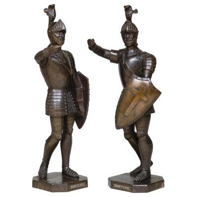 A Pair Of Patinated Bronze Medieval Crusader Sculptures with Armor and Shields