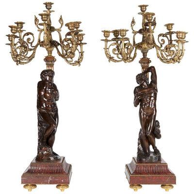 Ferdinand Barbedienne, a Large Pair of French Gilt Patinated Bronze Candelabras