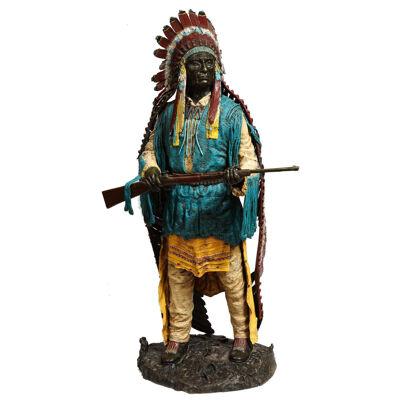 Near Life-Size Polychrome Bronze of a Native American Indian Chief after Kauba 