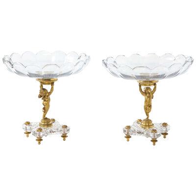 Pair of French Baccarat Bronze and Crystal Cherub Compotes, circa 1880