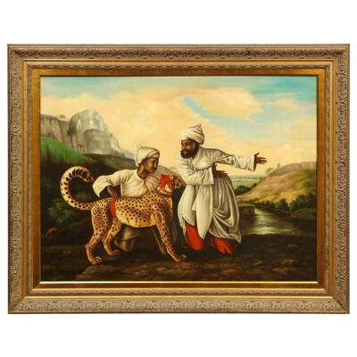 A Magnificent Orientalist Oil on Canvas Painting "Escorting The Cheetah" C. 1920