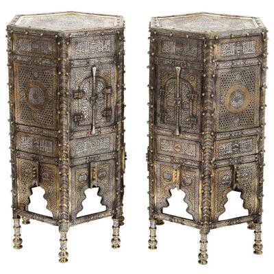 Exceptional Pair of Islamic Mamluk Revival Silver Inlaid Quran Side Tables