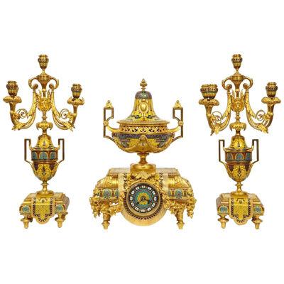 Ferdinand Barbedienne, Museum Quality French Ormolu Champleve Enamel Clock Set