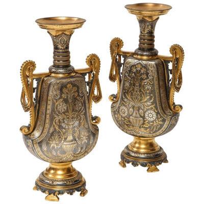 Christofle & Cie, a Pair of French Gilt and Silvered Bronze "Persian" Vases