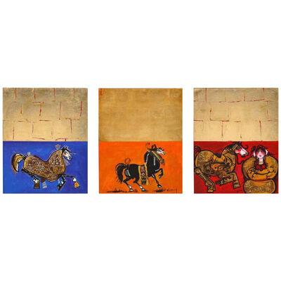 Nasser Ovissi, 'Iranian, Born 1934' "Arabian Horses Triptych" Oil on Canvas