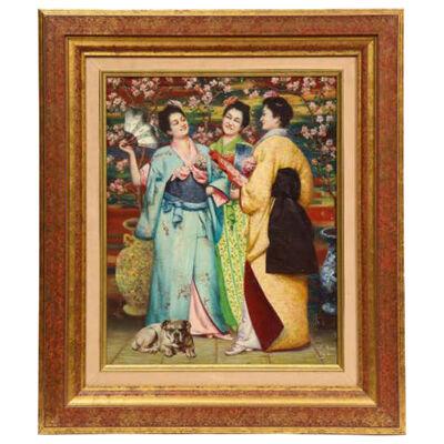 A Fine French Japonisme Oil on Canvas Painting of "Three Geishas" C. 1900