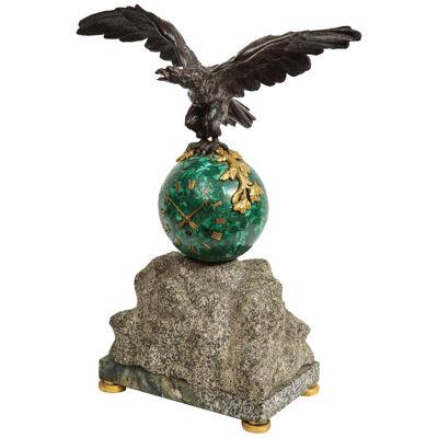 Patriotic French Patinated Bronze Eagle and Malachite Clock on Granite Base 1889