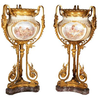 Important and Palatial Pair of Ormolu and Sèvres Style Porcelain Jardinieres