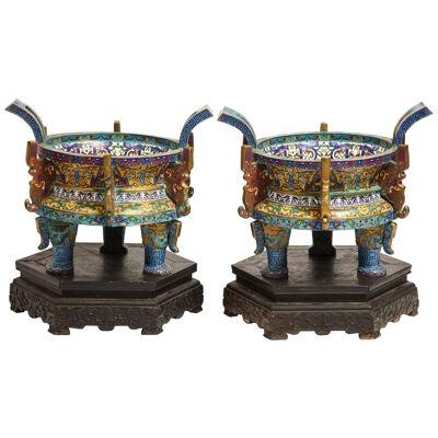 Large Pair of Chinese Cloisonne Enamel Planters on Wood Stands