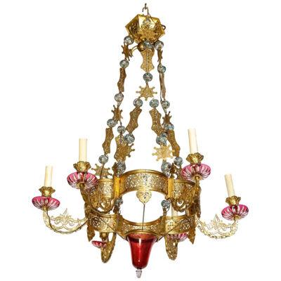 Exceptional and Rare Islamic Alhambra Bronze and Enameled Glass Chandelier