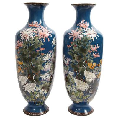 Large Pair of Japanese Meiji Period Blue-Ground Cloisonne Enamel Vases