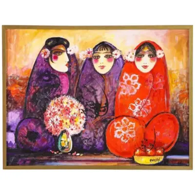 Nasser Ovissi, 'Iranian, Born 1934' "Three Seated Girls" Oil on Canvas Painting
