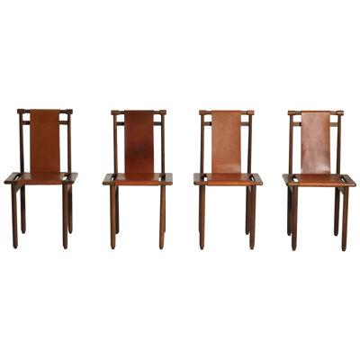 Four very rare chairs, French or Italian, in walnut and leather seats, 60's