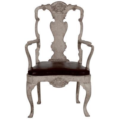 Rococo style Norwegian armchair with leather seat, 18th C.