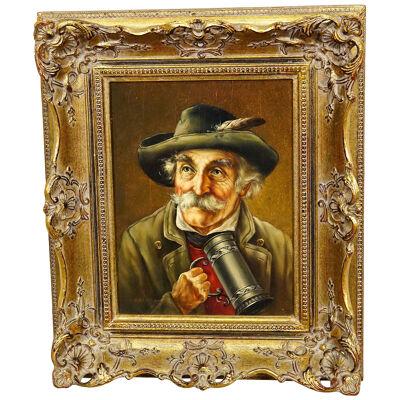 J. Gruber - Portrait of a Bavarian Folksy Man with Beer Mug, Oil on Wood 