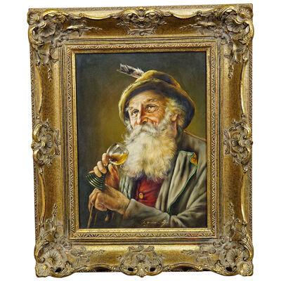 J. Gruber - Portrait of a Bavarian Folksy Man with Wine Glass, Oil on Wood 