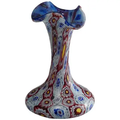 Small Millefiori Vase in Blue, Red and White, Fratelli Toso Murano 1910