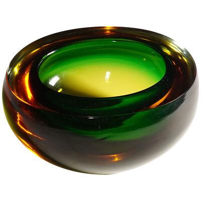 Midcentury Modern Murano Green and Amber Sommerso Art Glass Bowl 1960s