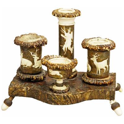Rare Antler Desk Standish with Elaborate Carvings, Germany ca. 1840 