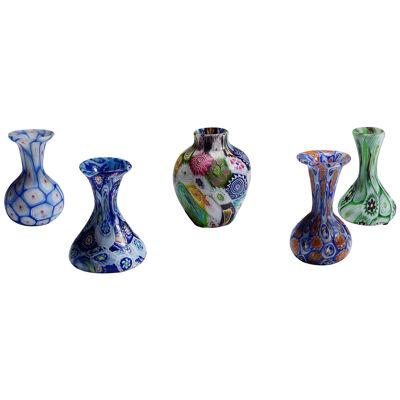 Set of Five Antique Murrine Vases by Fratelli Toso, Murano