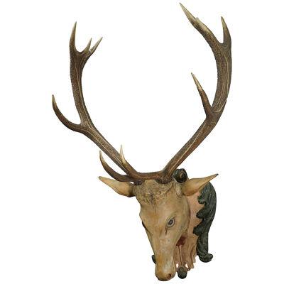 Large Antique Wooden Carved Black Forest Baroque Stag Head with 10 Point Trophy