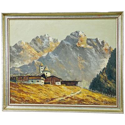 Alpine Landscape Oil Painting with Tyrolian Mountain Village 