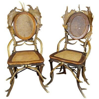Pair Antique Rustic Antler Parlor Chairs, Germany ca. 1900