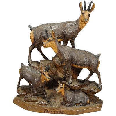 Fine Carved Wood Chamois Family by Ernst Heissl ca. 1900