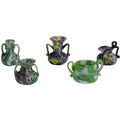 Set of Fife Antique Millefiori Vases by Fratelli Toso, Murano