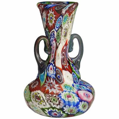 Antique Multicoloured Millefiori Vase with Handles, Fratelli Toso Murano 1910