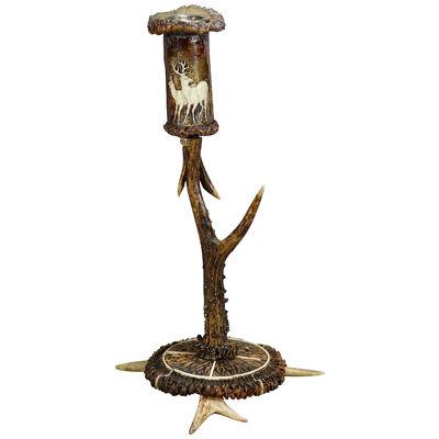 Stylish Cabin Decor Antler Candle Holder with Deer Carving, Germany ca. 1900 