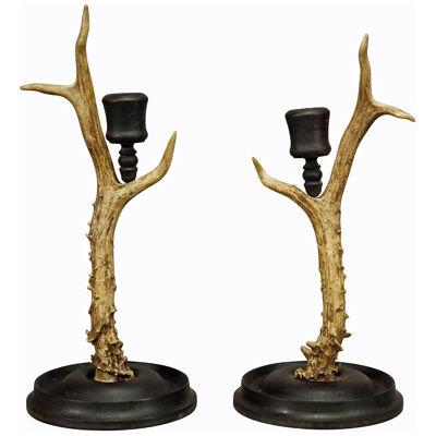 A Pair Vintage Black Forest Candle Holders with Wooden Base and Spout ca. 1930s