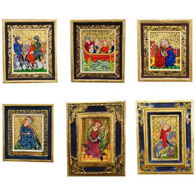 Set of Six Vintage Paintings with Minstrel Scenes Manesse Song Manuscript