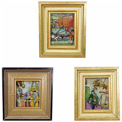 Three Vintage Behind Glass Paintings with Biedermeier Scenes