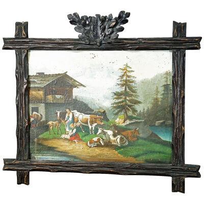 Oil Painting Folksy Scenery with Cattles, Goats and Farmer's Wifes, ca. 1900s