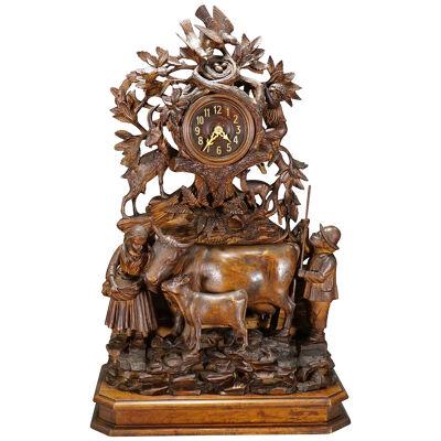 Antique Mantel Clock with Herdsman Family, Goats and Cattle